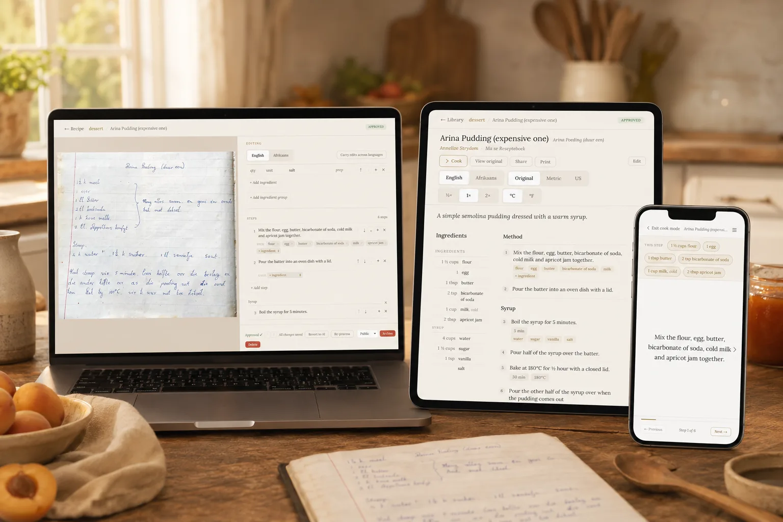 Malva open on a laptop, tablet and phone on a kitchen table