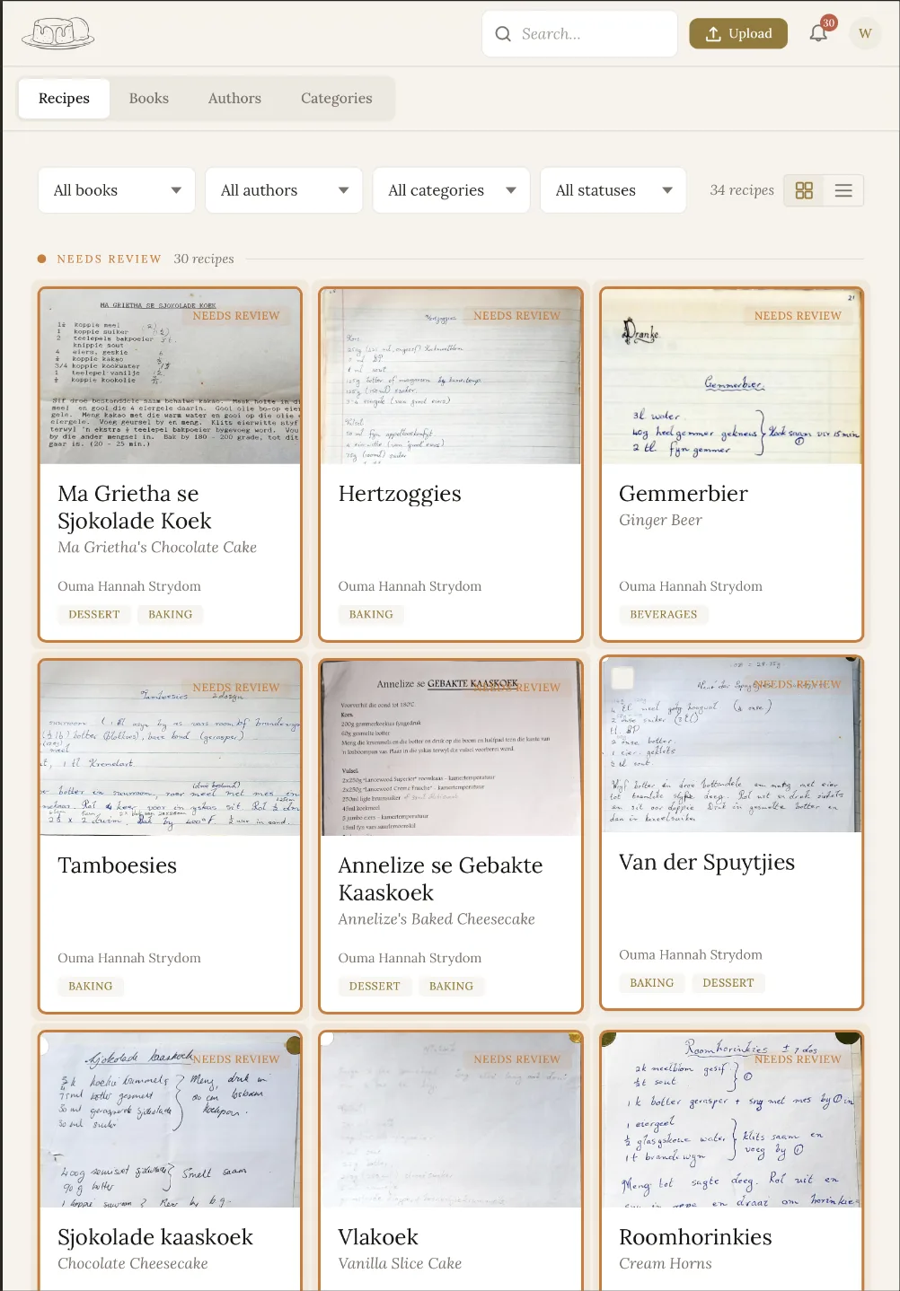 The Malva library grid, filtered by book, author and category